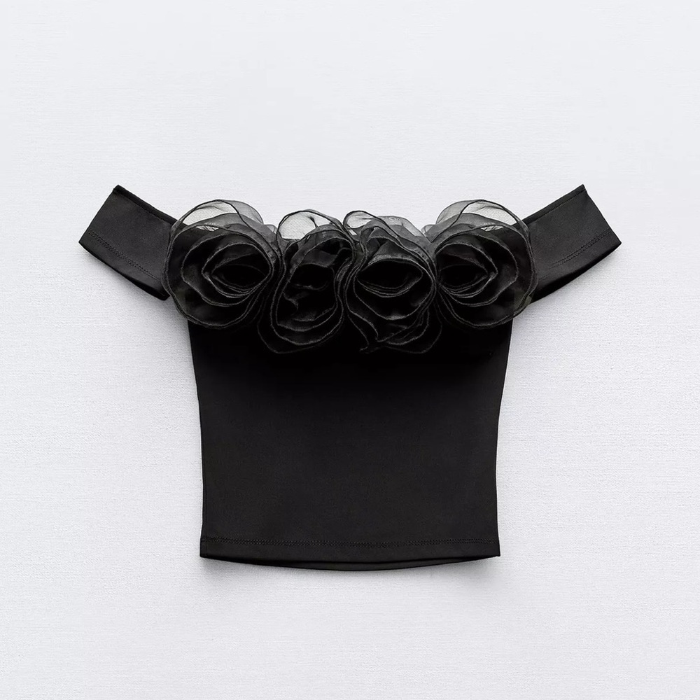 Zara Black Floral Organza Crop Top